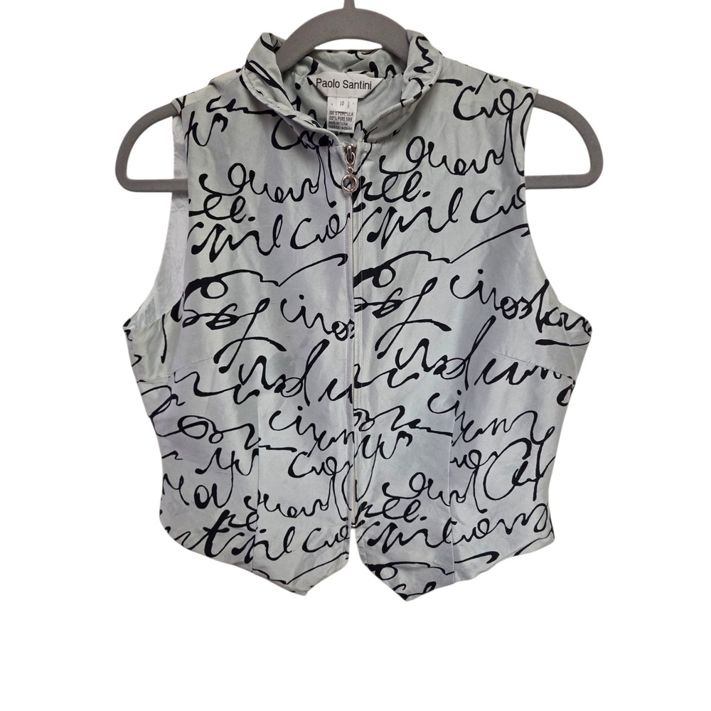 Paolo Santini Sleeveless Top Vest 100% Silk Script Gray Size 10 *few small snags
